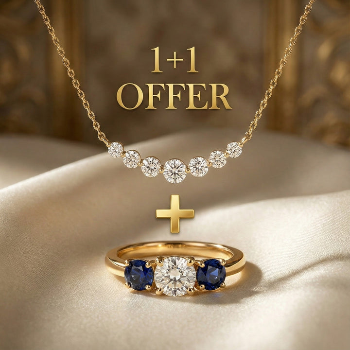 1+1 Offer: Golden Three Stone Cushion Cut White &amp; Blue Sapphire Wedding Band Ring for Women + Round Cut White Sapphire Gold Necklace