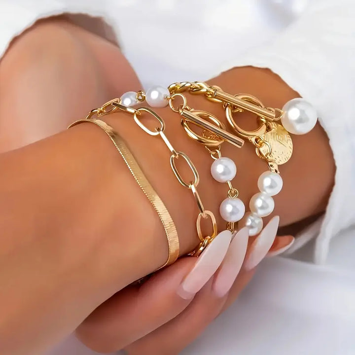 Chic Gold 4-Piece Bracelet Set – Snake, Pearls &amp; Links | Gold