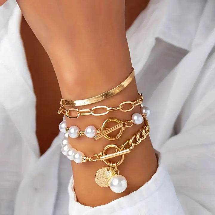 Chic Gold 4-Piece Bracelet Set – Snake, Pearls &amp; Links | Gold