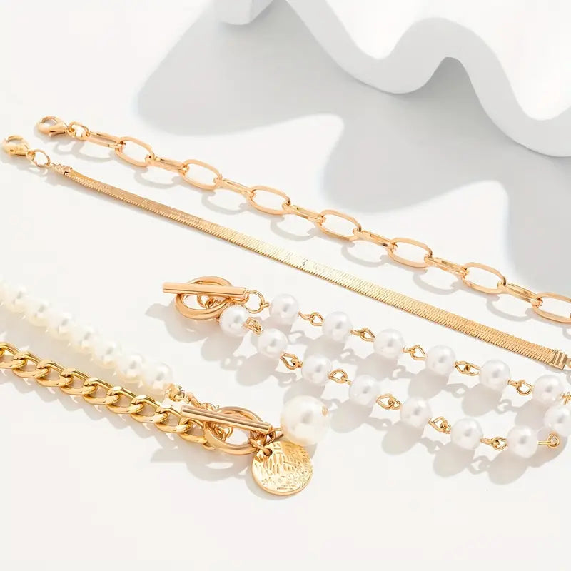 Chic Gold 4-Piece Bracelet Set – Snake, Pearls &amp; Links | Gold