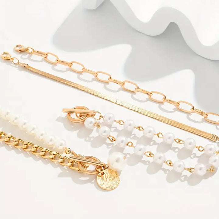 Chic Gold 4-Piece Bracelet Set – Snake, Pearls &amp; Links | Gold