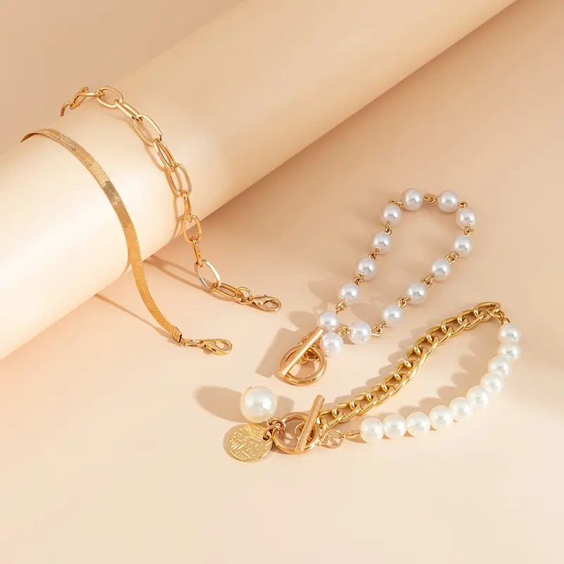 Chic Gold 4-Piece Bracelet Set – Snake, Pearls &amp; Links | Gold