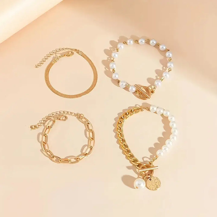 Chic Gold 4-Piece Bracelet Set – Snake, Pearls &amp; Links | Gold