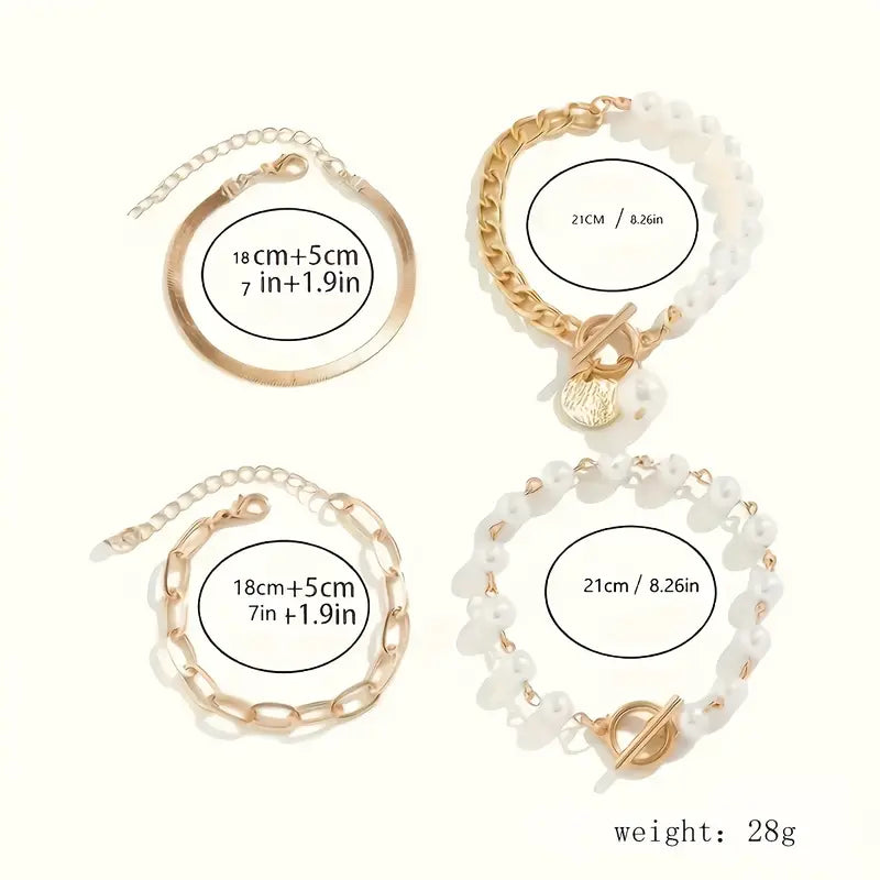 Chic Gold 4-Piece Bracelet Set – Snake, Pearls &amp; Links | Gold